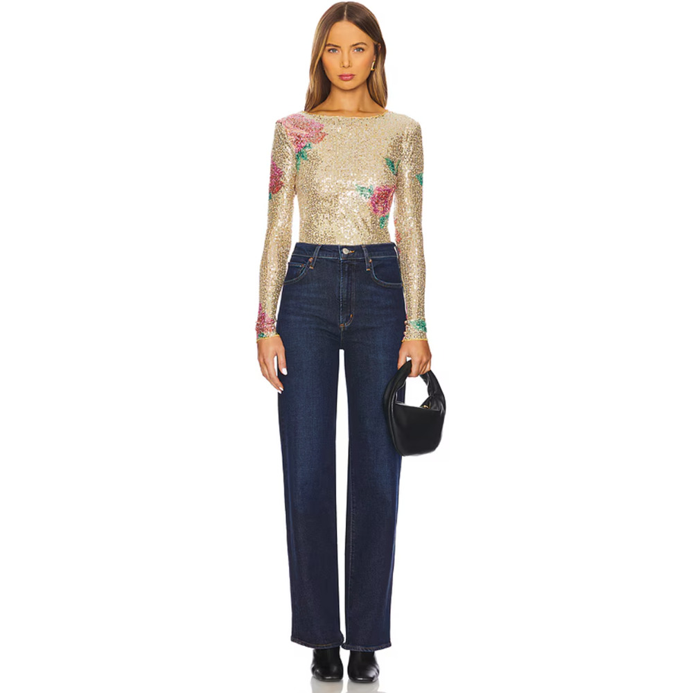 Free People Printed Gold Rush Sequin Top Long Sleeve Champagne Combo Medium NWT - Picture 5 of 11